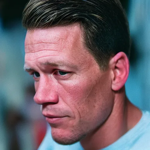 Image similar to A close-up of John face, captured in low light with a soft focus. There is a gentle green hue to the image, and the John cena’s features are lightly blurred. Cinestill 800t