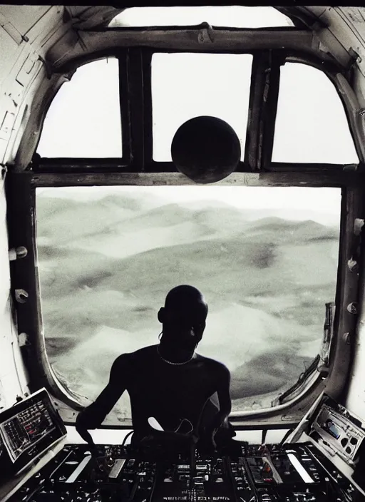 Prompt: a analogue photo of a African tribal man Djing on a spaceship, big view of planet earth seen in window, wide angle, photography by Martha Cooper