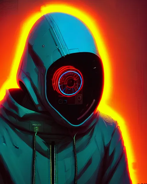 Prompt: cyberpunk synth, hyper - realistic portrait of a man in a hoodie with detailed neon mask, cyberpunk, by atey ghailan, by greg rutkowski, by greg tocchini, by james gilleard, by joe fenton, by kaethe butcher, dynamic lighting, gradient light blue, brown, cinematic lighting color scheme, sharp focus, grunge aesthetic