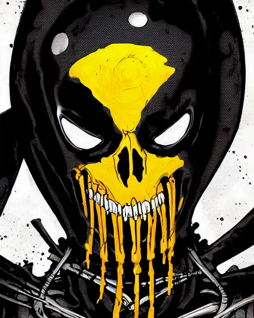 Image similar to highly detailed closeup portrait of a cyborg carnage symbiote in deadpool suit with skeleton skull face, black hoodie by atey ghailan, by greg rutkowski, by greg tocchini, by james gilleard, by joe fenton, by kaethe butcher, gradient, yellow, black, brown and white color scheme, grunge aesthetic!!! black graffiti tag wall background