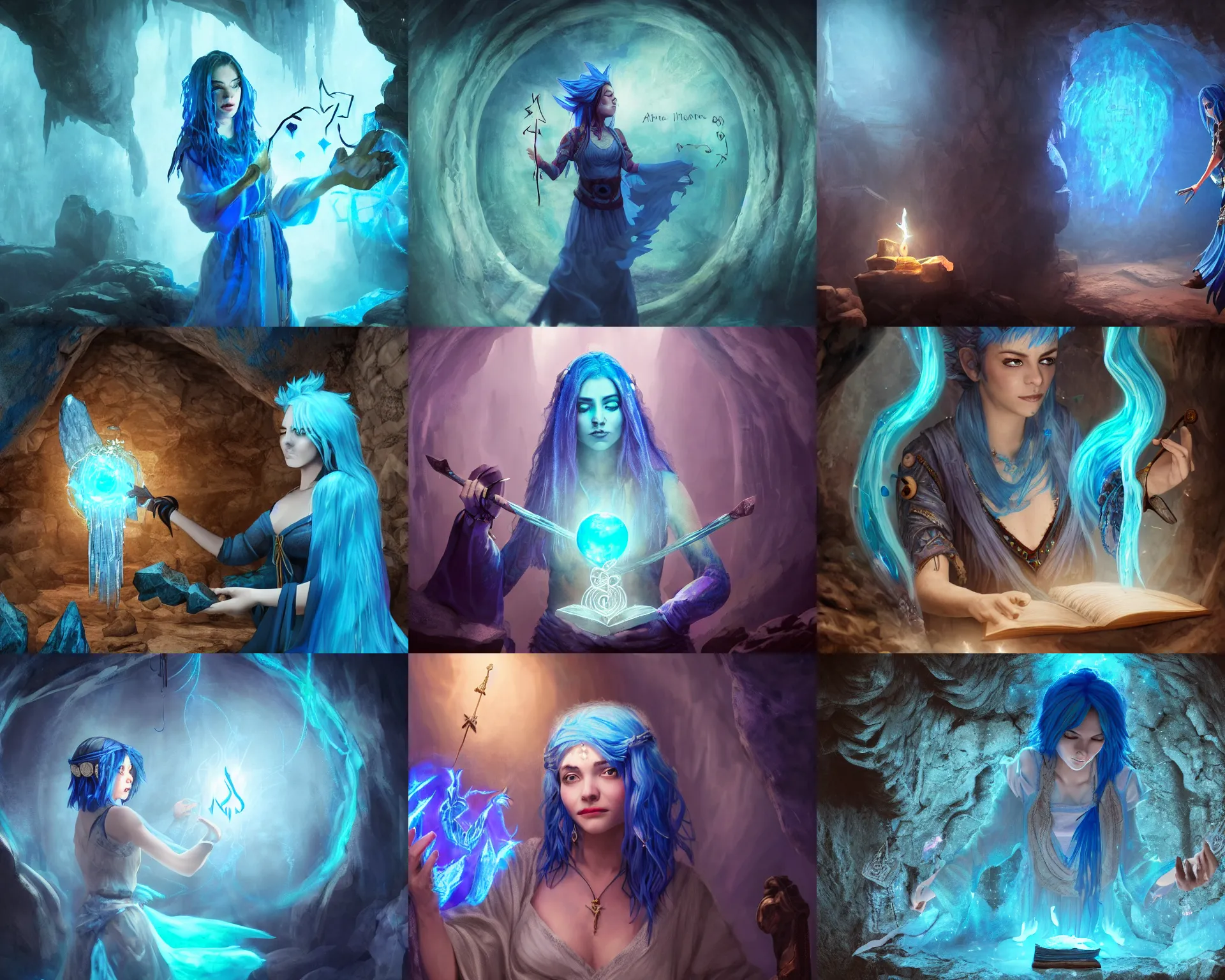 Prompt: blue haired female casting a spell, floating sigils, floating magical runes, floating spellbook, flowing robes, in a cave with crystals on the walls, artstation, highly detailed, fantasy, cinematic composition, dramatic lighting, trending, 8 k hd