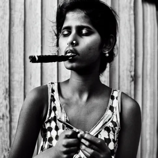 Prompt: portrait of a sri lankan girl smoking cigarette, vintage photo in 8 0's style