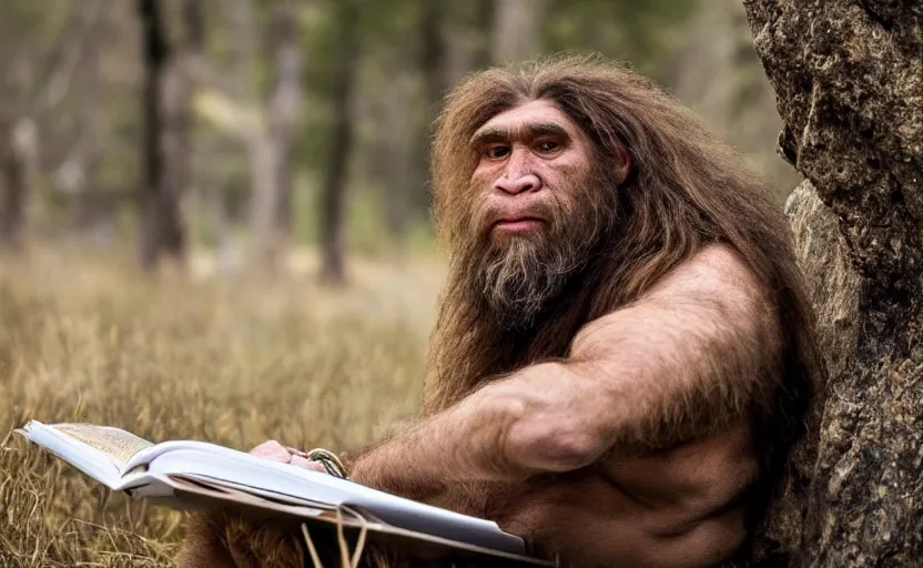 Image similar to made a portrait of neanderthal read science book about him in middle of nowhere, perfect dynamic posture, perfect dynamic pose, perfect dynamic form, pinterest, perfect dynamic position, award winning photo by national geographic, and pulittzer winner, bokeh, reduce duplication interference