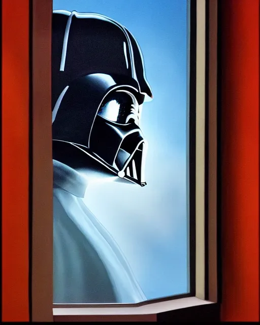 Image similar to acrylic painting portrait of darth vader looking through a large window into outer space, high production value, intricate details, high resolution, hdr, high definition, masterpiece, realistic, ultrarealistic, highly detailed, hd, sharp focus, non blurry, sharp, smooth