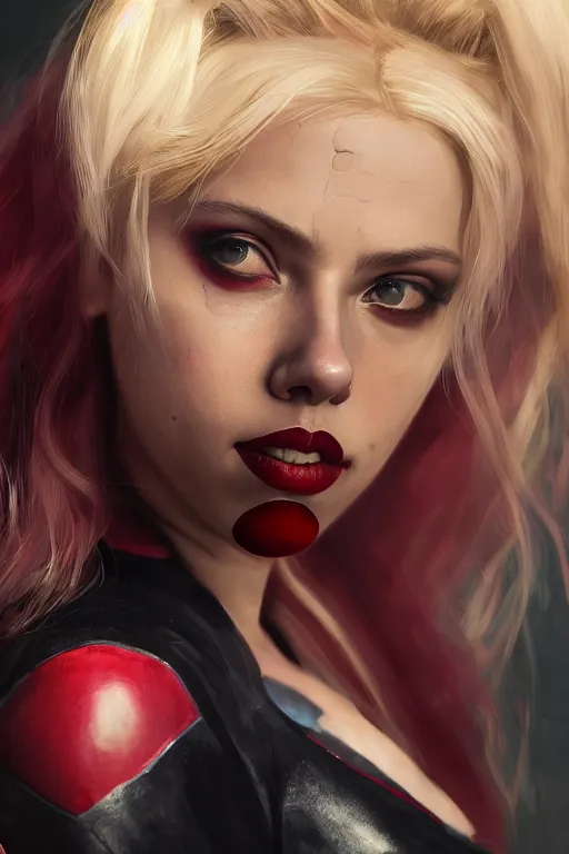 Image similar to a portrait of a Scarlett Johansson as Harley Quinn by Greg Rutkowski, Sung Choi, Mitchell Mohrhauser, Maciej Kuciara, Johnson Ting, Maxim Verehin, Peter Konig, final fantasy , mythical, 8k photorealistic, cinematic lighting, HD, high details, atmospheric,