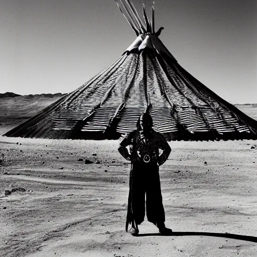 Image similar to portrait of Iroquois warrior standing next to the space ship shuttle crashed in the desert,Indian tipis in the background, black and white old photo, vintage