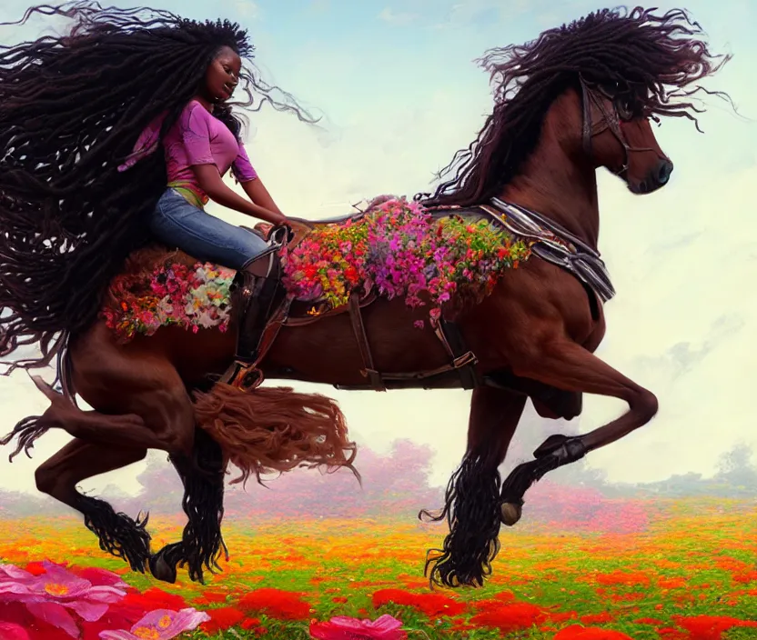 Image similar to full body portrait of young black woman riding a horse, flowing dreads, beautiful clydesdale, field of colorful flowers, highly detailed, digital painting, artstation, concept art, smooth, sharp focus, illustration, face by wlop, illustrated by mars ravelo and greg rutkowski