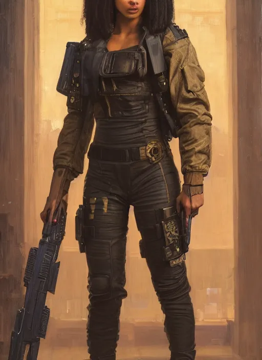 Image similar to maria igwe. cyberpunk mercenary wearing a military vest and combat jumpsuit. (Cyberpunk 2077, bladerunner 2049). Iranian orientalist portrait by john william waterhouse and Edwin Longsden Long and Theodore Ralli and Nasreddine Dinet, oil on canvas. Cinematic, hyper realism, realistic proportions, dramatic lighting, high detail 4k