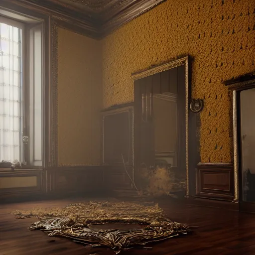 Prompt: A valuable golden object sits undamaged in the middle of an explosion damaged Victorian Art Nouveaux apartment amid the Fog of War, octane render