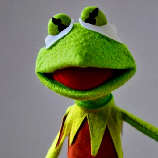 Image similar to kermit meme kermit the frog puppet swinging off a ceiling fan, highly detailed, photo realism, textured puppet, dslr