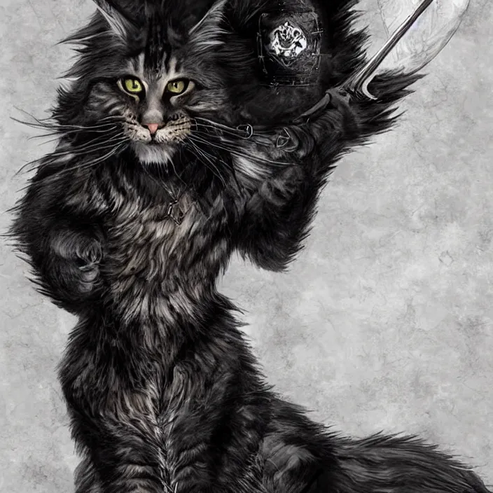 Image similar to Khajit with Maine Coon features and black fur holding two shortswords cloaked in shadow and wearing leather armor, white background, Fantasy, Tarot card style, Half Body Portrait, High detail, hyper realistic