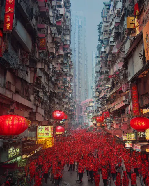 Prompt: chinese new year decoration, chinese new year parade, crowd of people, street, poor buildings, hong kong buildings, kowloon, slums, cyberpunk, ghost in the shell, dramatic lighting, trending on Artstation, 8k, highly realistic, hyper detailed, unreal engine 5, IMAX quality, realistic, cinematic, epic lighting, realistic, Matte Painting, masterpiece,