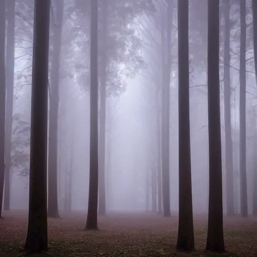 Image similar to vast foggy forest with a ceiling, lights on the ceiling