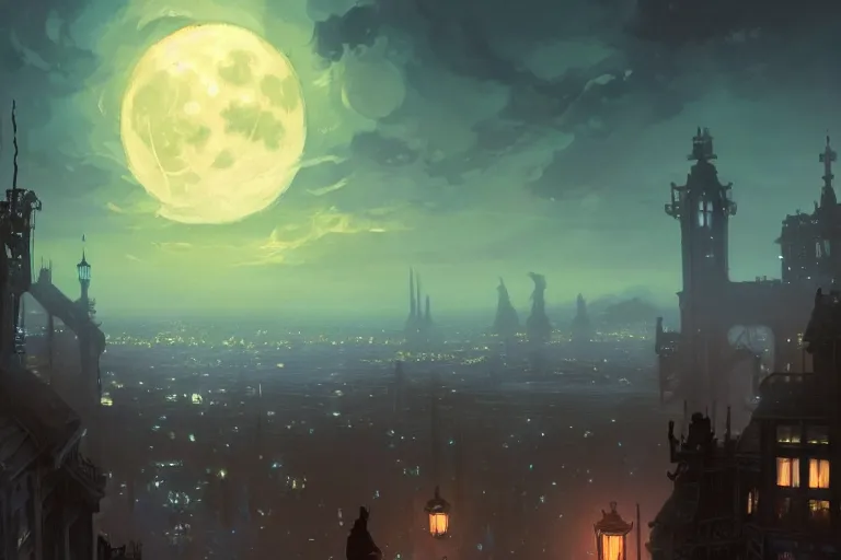 Prompt: an lovecraftian horror in the sky above a victorian city, scene in the night. full moon, 1 8 9 0, key visual, conceptart, ambient lighting, highly detailed, digital painting, artstation, concept art, sharp focus, by makoto shinkai and akihiko yoshida and greg manchess