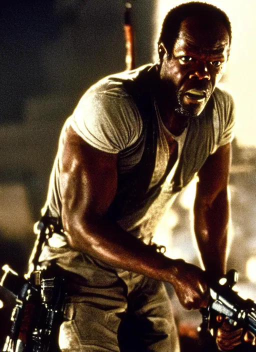 Image similar to film still of Samuel L Jackson as John McClane in Die Hard, 4k