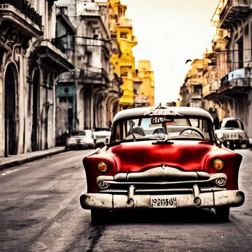 Prompt: vintage cars on the streets of havana cuba, golden hour, photo, 5 0 mm f 2. 5