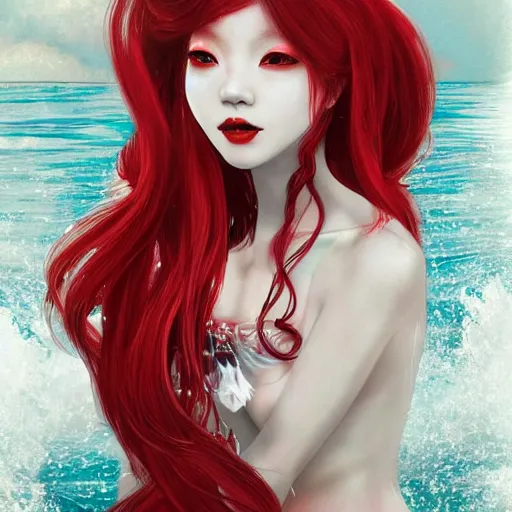 Prompt: albino maiko as a mermaid with very long hair, red and white neon, concept art, intricate details, highly professionally detailed, cgsociety, highly detailed -