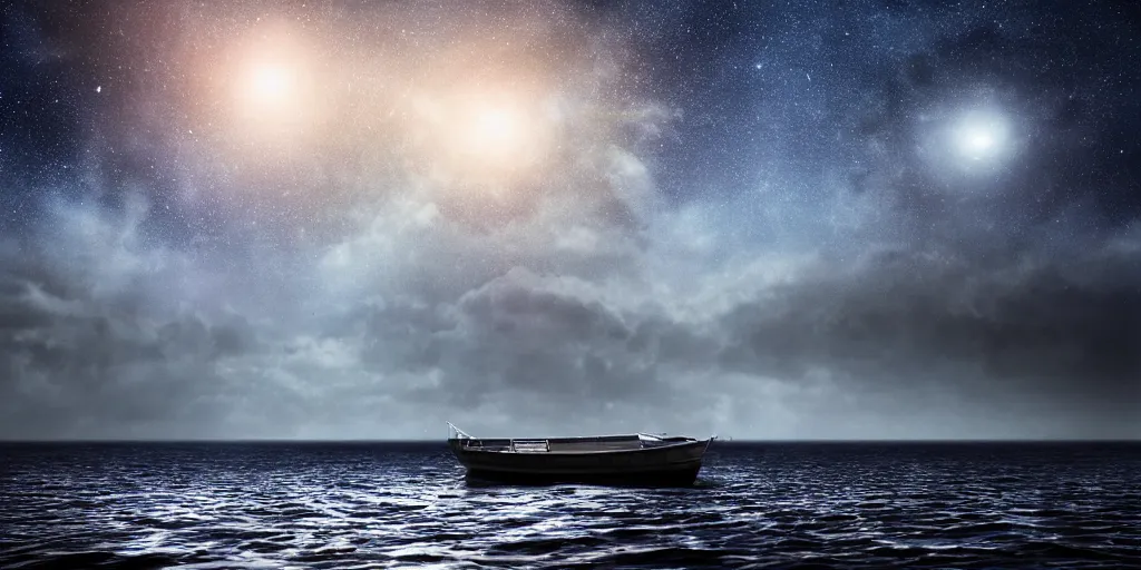 Image similar to a highly detailed realistic photographic render of a boat in a sea of stars, surreal, cinematic lighting, cinematic scene, volumetric lighting, atmospheric scene, dark, mystery, atmospheric lighting, realistic, photo realism, hyper realistic, hyper realism, photo realisitc, cinematic render, film, beautifully lit, ray traced, octane 3 d render, octane render, unreal engine