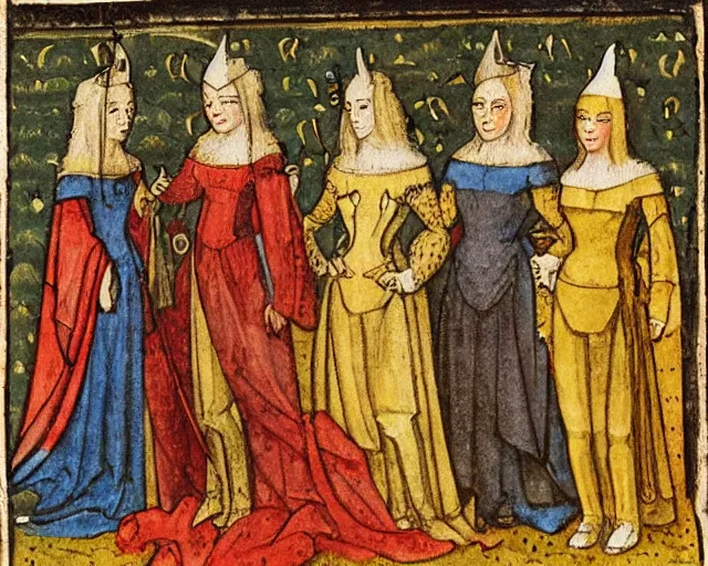 Image similar to lancelot and the four queens, medieval illustration,