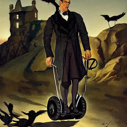 Image similar to frankenstein on a segway chasing crows, painting by by jc leyendecker