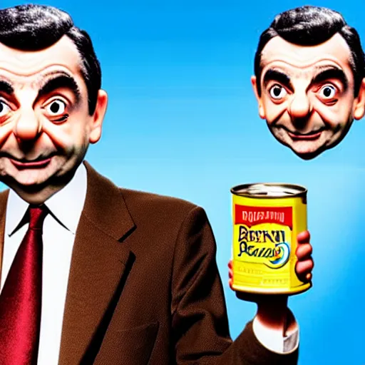 Image similar to rowan atkinson mr bean made from can of baked beans, mr bean with a sentient baked bean face, high definition
