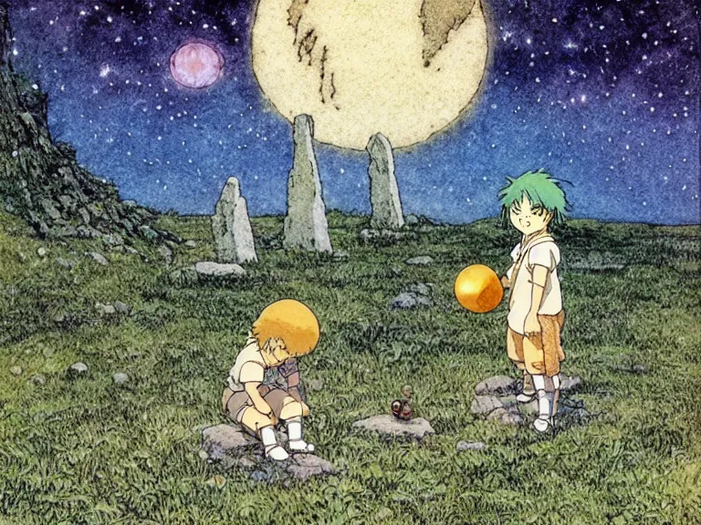 Image similar to cell shaded studio ghibli movie still fantasy concept art of a kid playing with stones like they are toys in stonehenge. it is a misty starry night. by rebecca guay, michael kaluta, charles vess