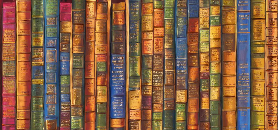 Image similar to a zoomed in photograph of a bookshelf, books with intricate bindings, colorful, photorealistic digital art
