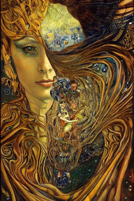 Prompt: Metamorphosis by Karol Bak, Jean Deville, Gustav Klimt, and Vincent Van Gogh, transformation portrait, chimera, visionary, cicada wings, otherworldly, fractal structures, ornate gilded medieval icon, third eye, dynamic, hybrid, fusion, change, spirals, horizontal symmetry