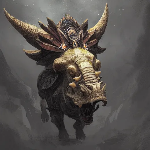 Image similar to triceratops with aztec headdress, greg rutkowski, digital illustration, concept art, dnd, face, fantasy, intricate, elegant, highly detailed, digital painting, artstation, full body, long shot, light from above