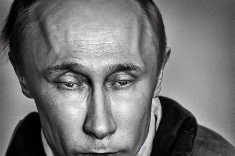 Prompt: putin as a clean-shaven hobo clown with a very sad face. head shot portrait. black and white 35mm photograph by emmett kelly.