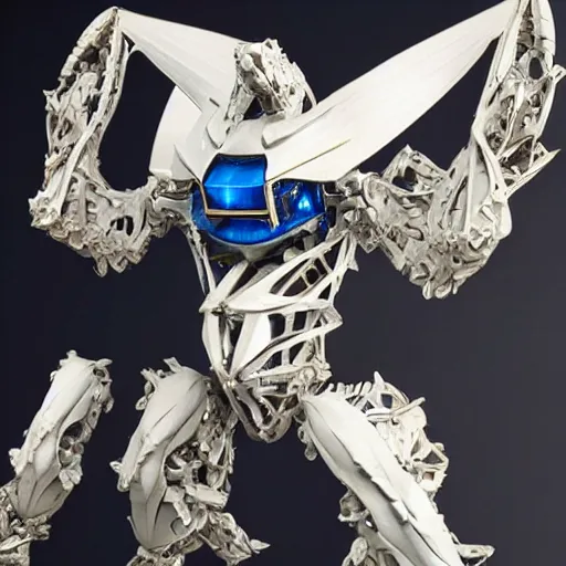 Image similar to shark themed sapphire mechanical exoskeleton wearing hardsurface armour, inlaid with gold rococo, bladed wings lace wear, sculpted spider zero, frank gehry, stephan martiniere, missle turrets, hyper detailed, custom mecha # frank gehry # spider zero