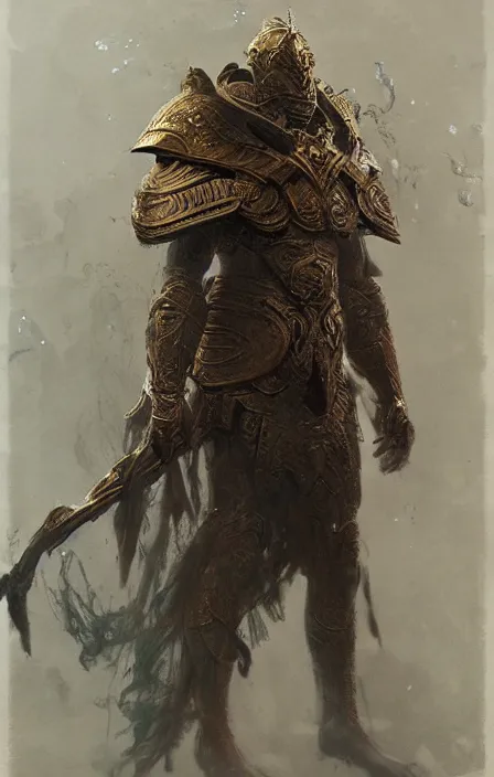 Image similar to zeus god, wearing thunder armor, ornamented armor, beksinski, ruan jia, weta workshop concept art