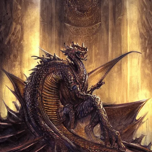 Image similar to dragon on the throne in the majestic throne room, great horns, armored, luminous scene, by luis royo, d & d character, highly detailed portrait, digital painting, artstation, concept art, smooth, sharp focus illustration, artstation hq