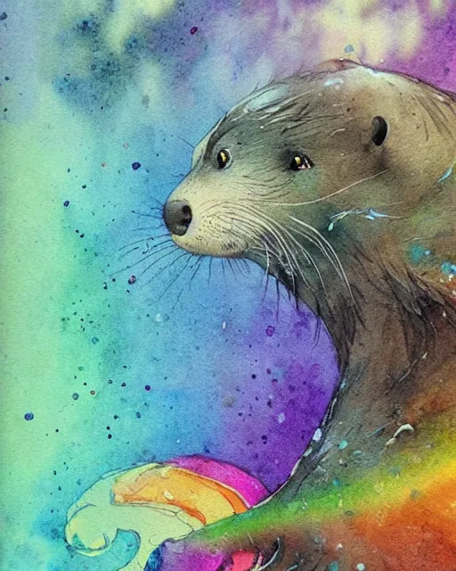 Image similar to detailed magical rainbow otter by jean - baptiste monge and frank frazetta, post processing, painterly, book illustration watercolor granular strong darksplatter dripping paper texture, ink outlines, painterly, trending on artstation, trending on pinterest childrens art