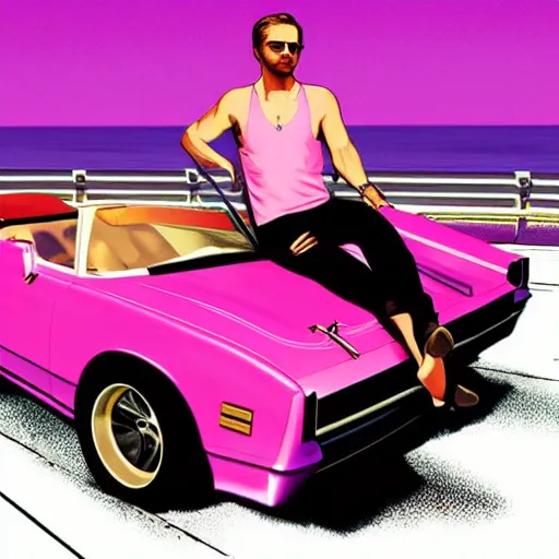 Prompt: gta v cover art by stephen bliss of ryan gosling wearing aviator sunglesses near a pink convertible car