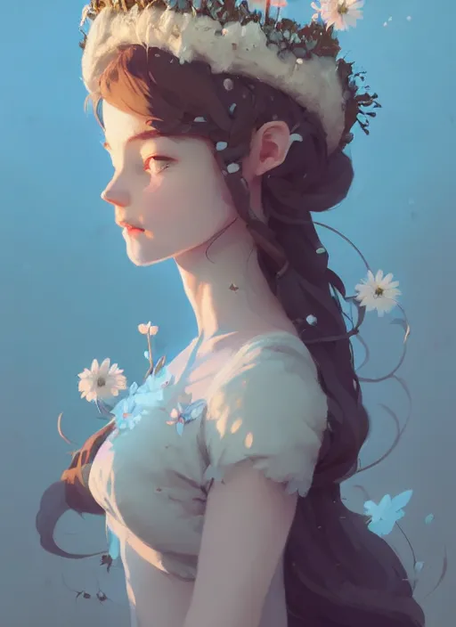 Image similar to portrait of cute fairy girl with crown of flowers fantasy, by atey ghailan, by greg rutkowski, by greg tocchini, by james gilleard, by joe gb fenton, by kaethe butcher, dynamic lighting, gradient light blue, brown, blonde cream and white color in scheme, grunge aesthetic