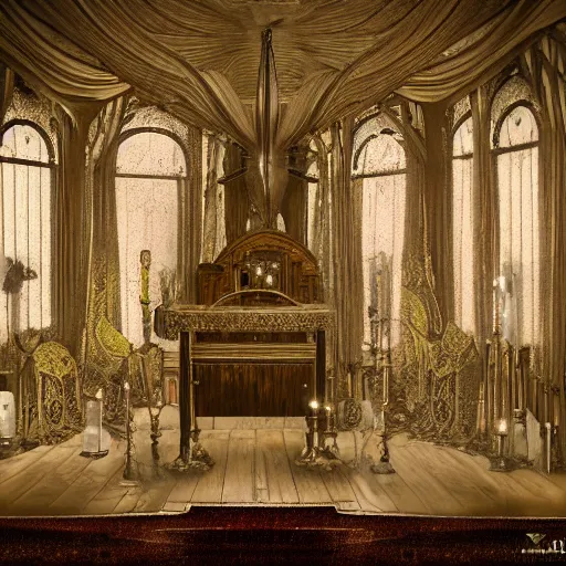 Prompt: realistic photo of an occult art nouveau room interior, old furniture, altar, candles, gloomy volumetric lights