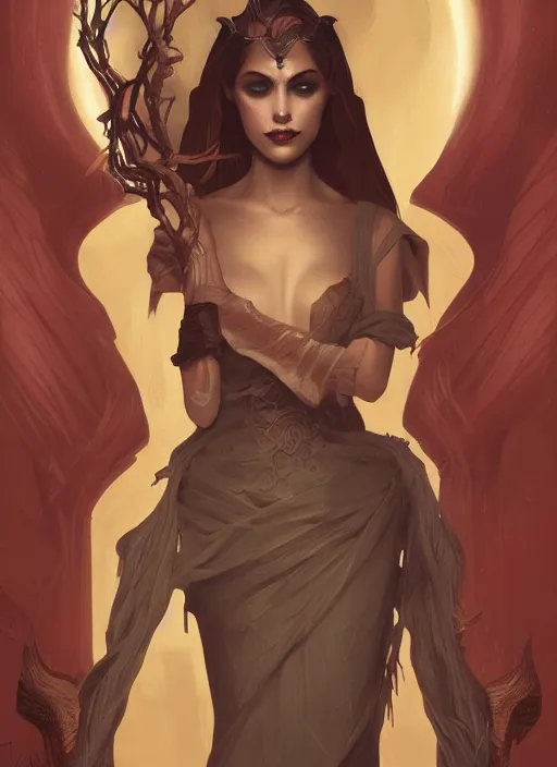 Image similar to tarot!!, high priestess, no noise, elegant, concept art, sharp focus, beautiful face!!, digital art, smooth defined outlines!!, human anatomy, human structure, vector background, dark fantasy, by Brom, trending on Artstation, Tom Bagshaw, Sargent