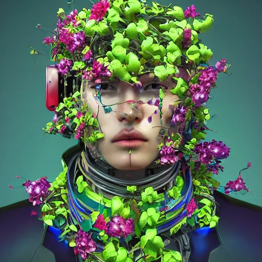 Image similar to colourful vfx art - portrait of army mecha robot wrapped in flowers & vines, art by utagawa kunisada, volumetric light, ray tracing, sharp, detailed, digital painting, illustration, highly detailed, intricate detail, unreal engine, octane render, pinterest, behance, art station,