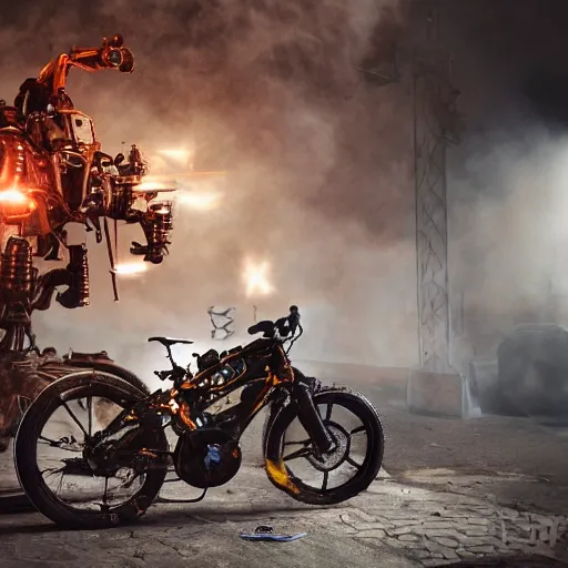 Image similar to bicycle mecha, dark messy smoke - filled cluttered workshop, dark, dramatic lighting, orange tint, sparks, cinematic, highly detailed, sci - fi, futuristic, movie still