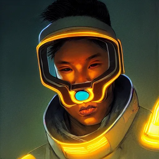 Prompt: yong boy destroyed to pieces with glowing yelow visor as a realistic scifi cyberpunk, torso, art by james jean and greg rutkowski!!, realistic face, like anime, digital art, concept art, trending on artstation, 8 k