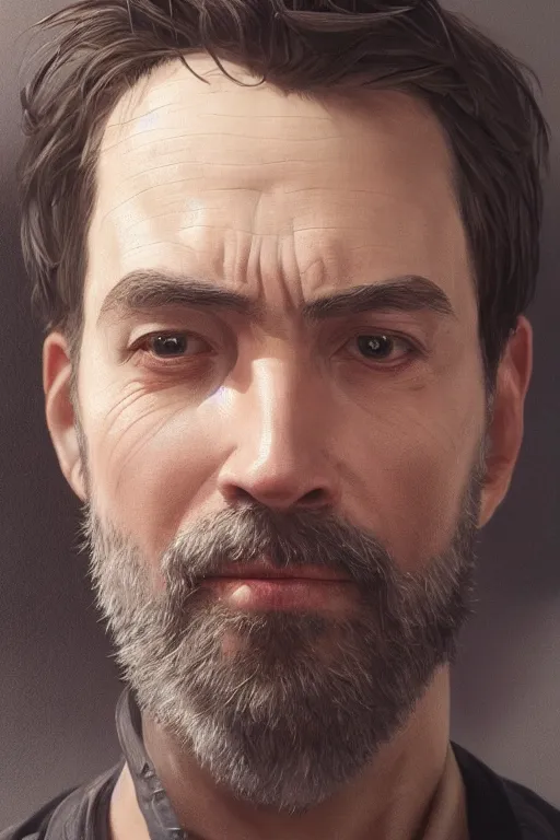 Prompt: close up portrait painting of middle aged thom york, ultra realistic, concept art, intricate details, serious, highly detailed, photorealistic, octane render, 8 k, unreal engine. art by artgerm and greg rutkowski and alphonse mucha