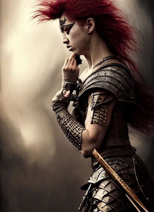 Image similar to a fierce young warrior woman moments before battle, diffuse lighting, fantasy, intricate, elegant, highly detailed, archillect, lifelike, Rebel, photorealistic, digital painting, artstation, punks, illustration, concept art, smooth, kinemacolor, sharp focus, artgerm, by John Collier and Albert Aublet and Leonardo da vinci and Krenz Cushart and Artem Demura and Alphonse Mucha