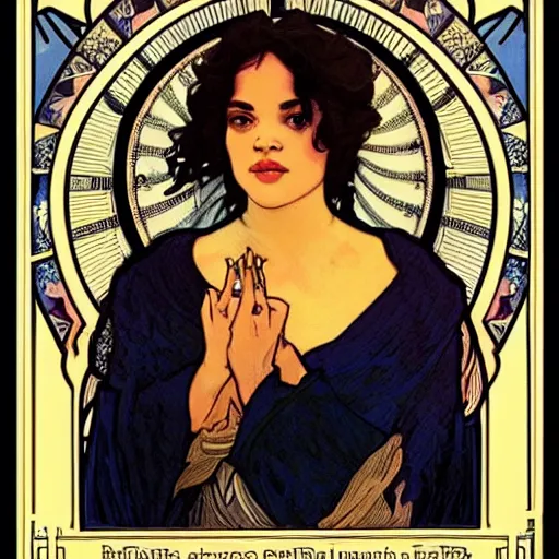 Image similar to tessa thompson portrait by louis - theophile hingre and alphonse mucha, realistic, sharp focus, zodiac signs, tarot cards, planets, ethereal, art nouveau, magic, moon, sun, crown, dreamy, royal, jewellery