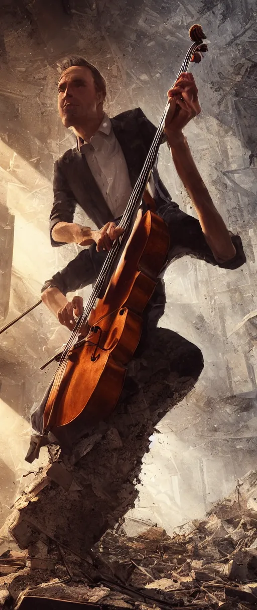 Image similar to a highly detailed portrait of a singular cellist playing in the rubble of a fallen building, beautifully lit, volumetric lighting, concept art, sharp focus, in the style of steve argyle, artstation HD, octane render