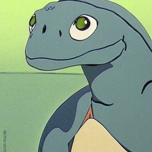 Prompt: portrait of an excited turtle with a long neck, hayao miyazaki, anime