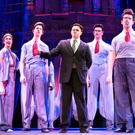 Image similar to award winning Production photo of Ben Shapiro the musical on broadway, dancing, singing, costumes by Julie Taymor, set design by Julie Taymor