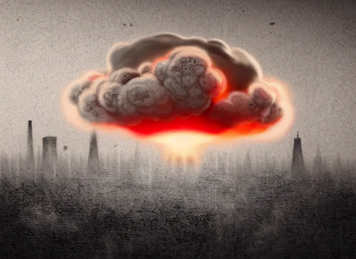 Image similar to soft drawing of a photorealistic life-like nuclear explosion with a mushroom cloud and shockwaves with dust and fog in the city. Centered. Horror dystopia style. Highly detailed 8k. Intricate. Nikon d850 300mm. Award winning photography.