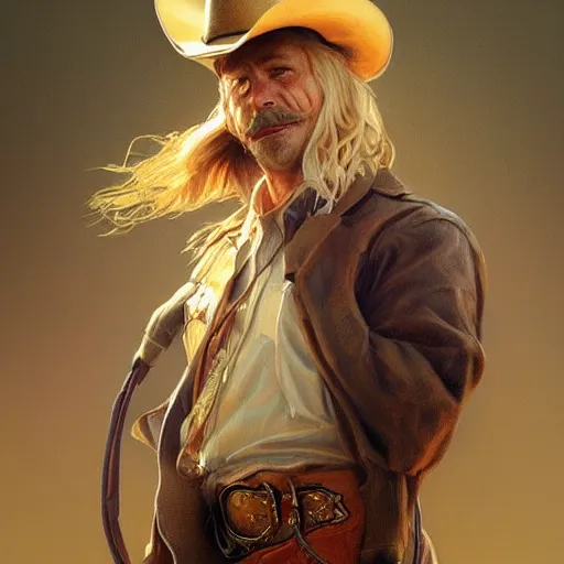 Image similar to Golden Retriever dressed as a cowboy, highly detailed, digital painting, artstation, concept art, smooth, sharp focus, illustration, art by artgerm and greg rutkowski and alphonse mucha