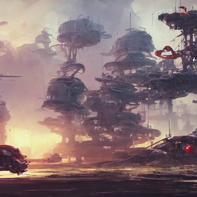 Prompt: mechanized hermit crab robots, ships with big containers, sci-fi concept art, by John Harris, by Simon Stålenhag, by John Berkey, highly detailed, award winning